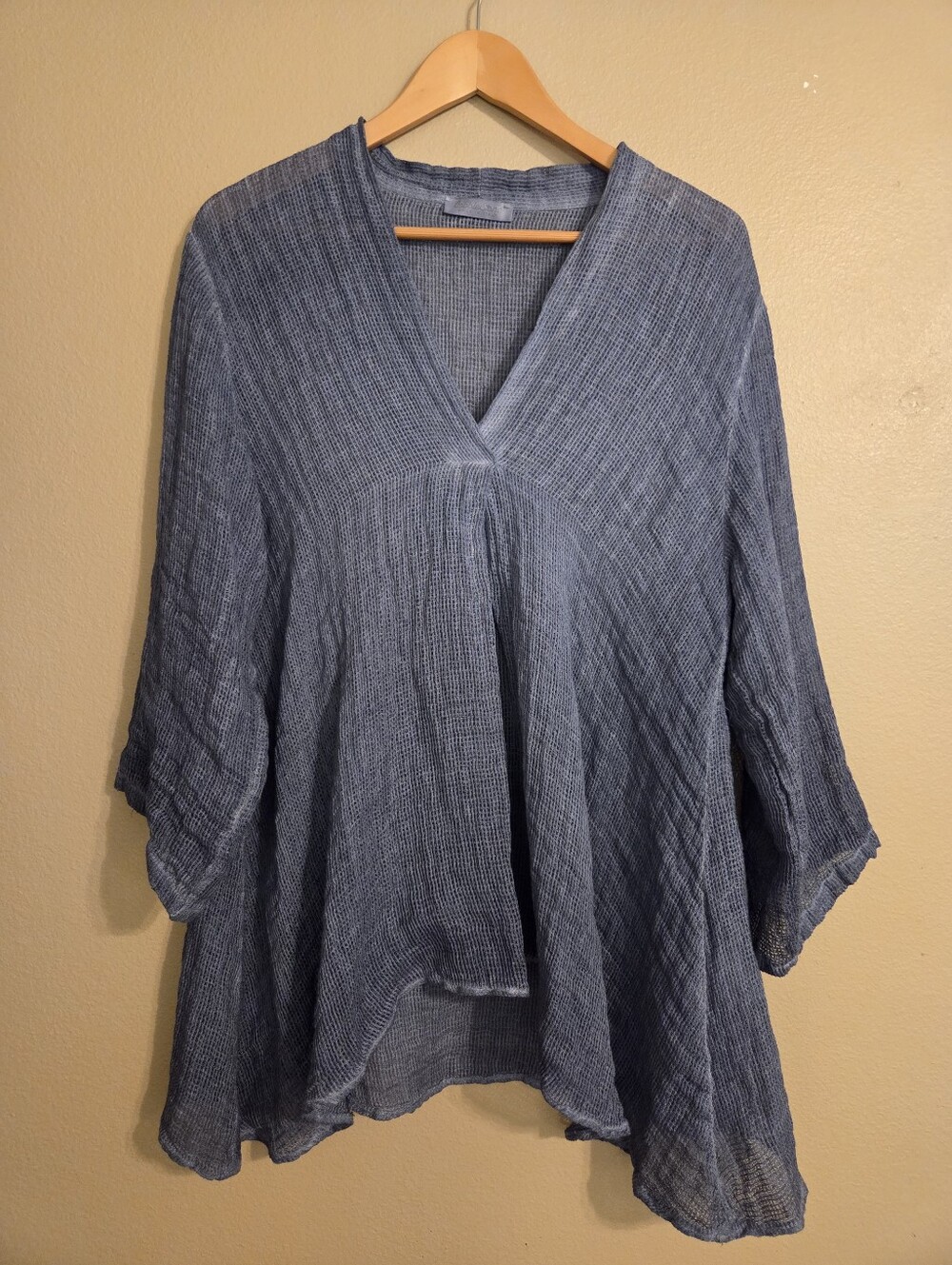 COBBLE STONE Living Abigail Blue‎ Linen Weave Knit Lagenlook Vneck Tunic OS